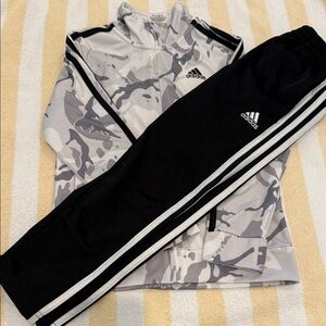 Adidas Kids Black and Grey Camouflage Joggers with White Stripes